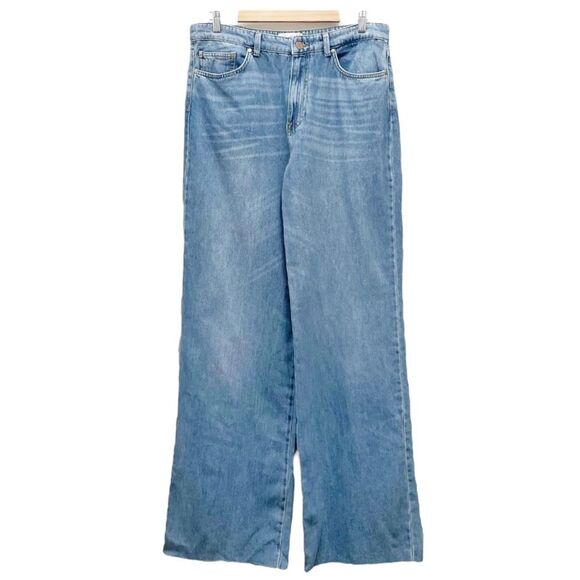 Stradivarius Super Wide Leg High Rise Slouchy Jeans Medium Wash Raw Hem Size 14 - Picture 1 of 13